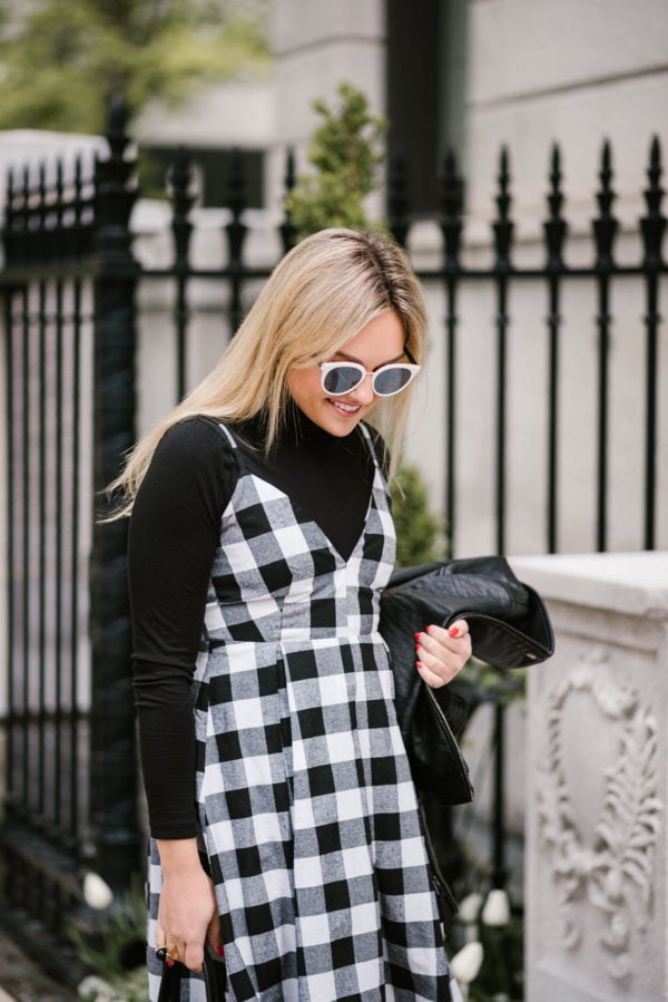 Jessica of Bows & Sequins styling a Modcloth gingham dress with a J.Crew tissue turtleneck and black & white Nordstrom sunglasses.