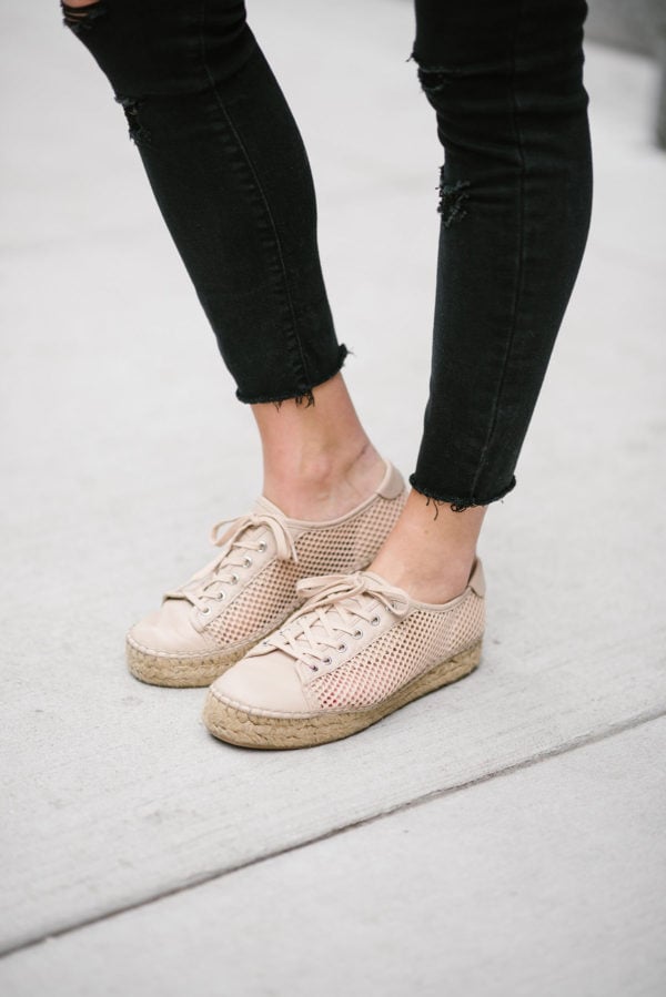 Bows & Sequins styling Old Navy black raw hem jeans with blush pink Marc Fisher platform espadrille sneakers.