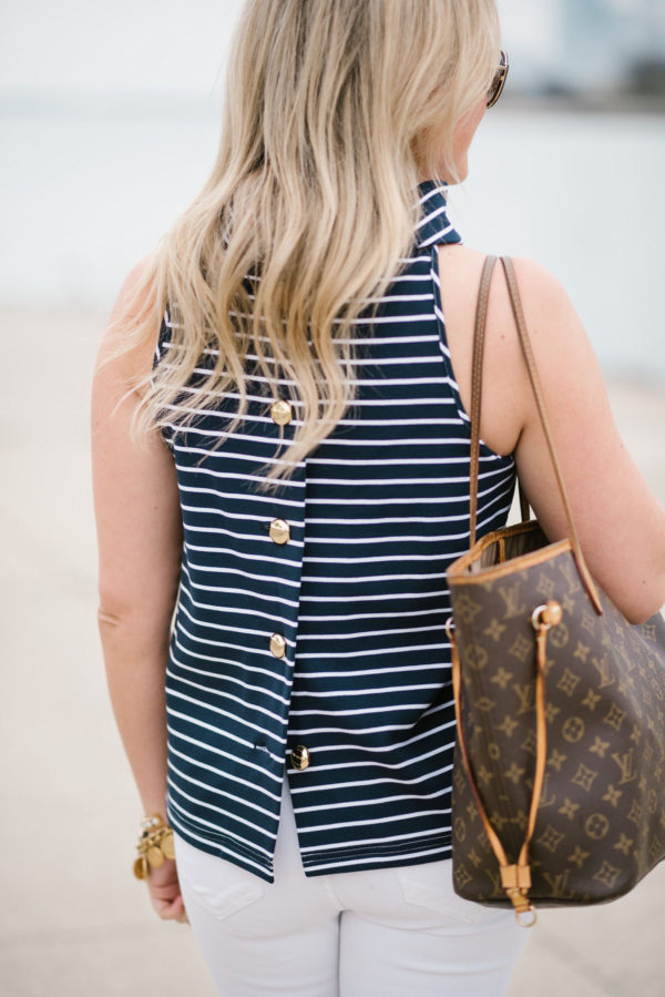 Bows & Sequins styling a Sail to Sable button back striped top and Louis Vuitton Neverfull tote bag.