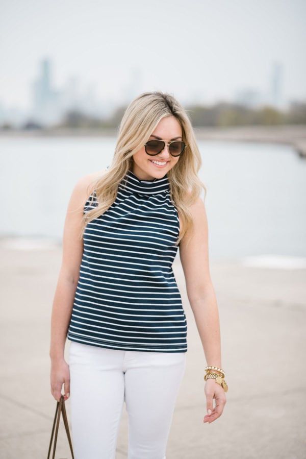 Bows & Sequins styling a striped halter tank top and Celine tortoise aviators.