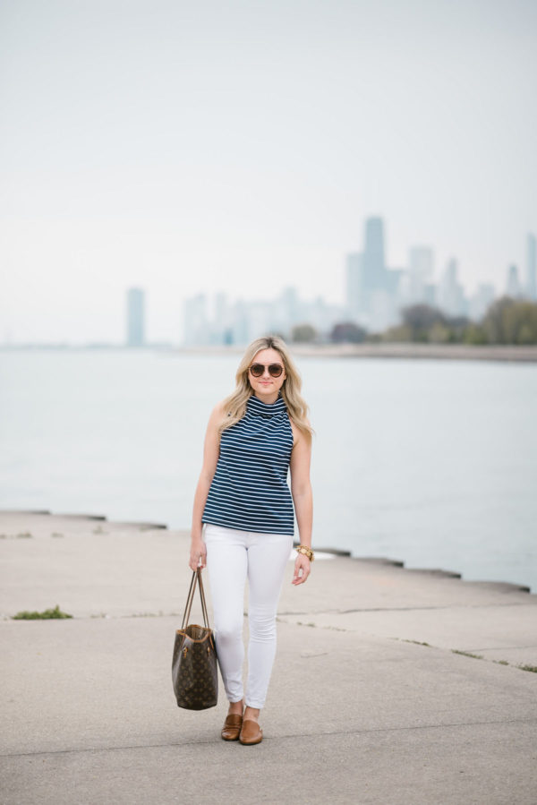 Bows & Sequins styling a Sail to Sable striped top, Old Navy white denim, Celine tortoise aviators, and a Louis Vuitton tote.
