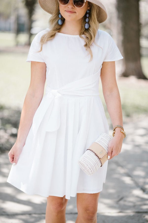 Bows & Sequins styling a little white fit & flare dress.