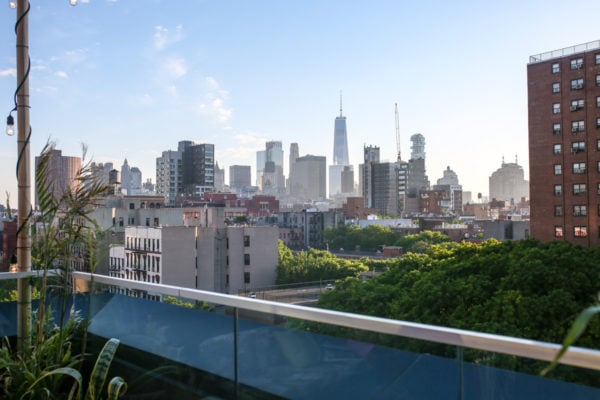 View of the Freedom Tower in NYC from the Sixty LES rooftop in the Lower East Side of Manhattan
