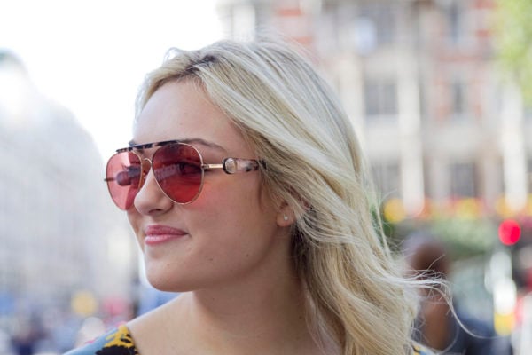 Bows & Sequins wearing Tommy Hilfiger x Gigi Hadid collection sunglasses in London.