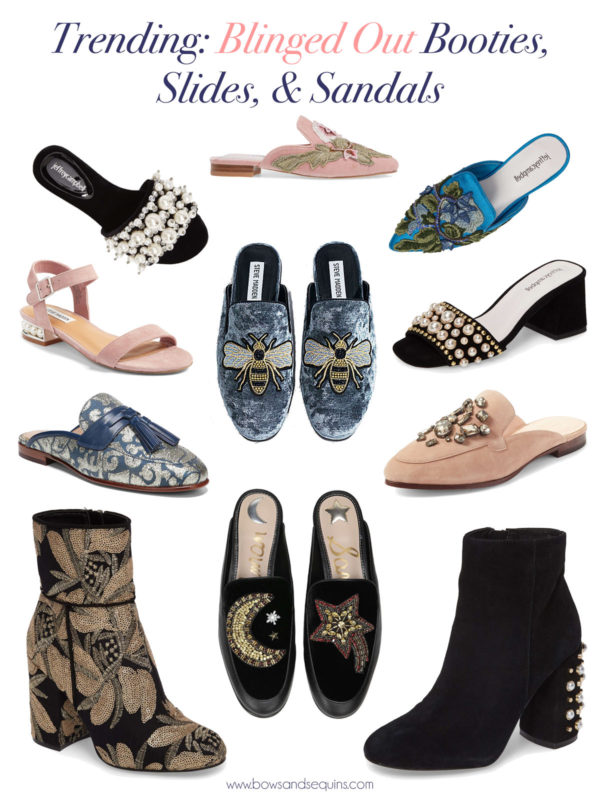 Bows & Sequins Fall Shoe Trends: Pearl Embellished Sandals, Embroidered Slides, and Printed Booties