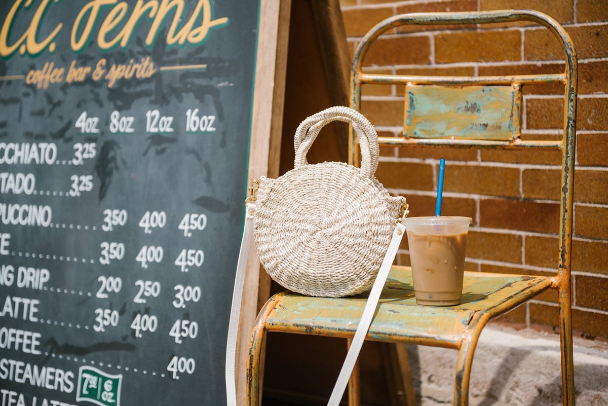 Clare V straw circle bag at CC Ferns coffee shop in Chicago.