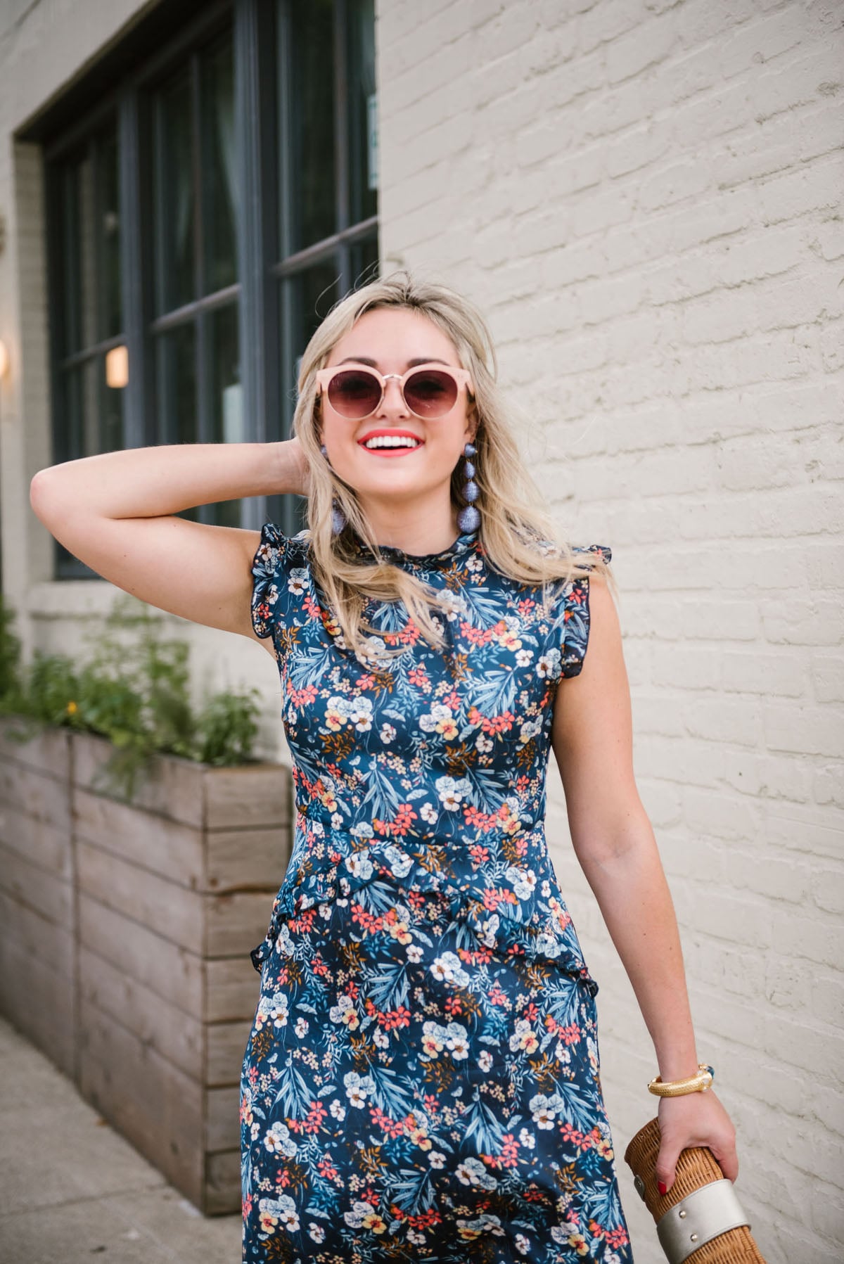 floral silk dress blue tuckernuck earrings  bows & sequins