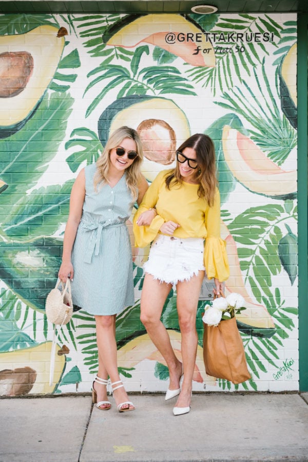 Chicago lifestyle blogger Bows & Sequins wearing Hadid sunglasses and a striped dress. Hallie Wilson from Among Other Things wearing a Zara bell sleeve top and pointed toe pumps.