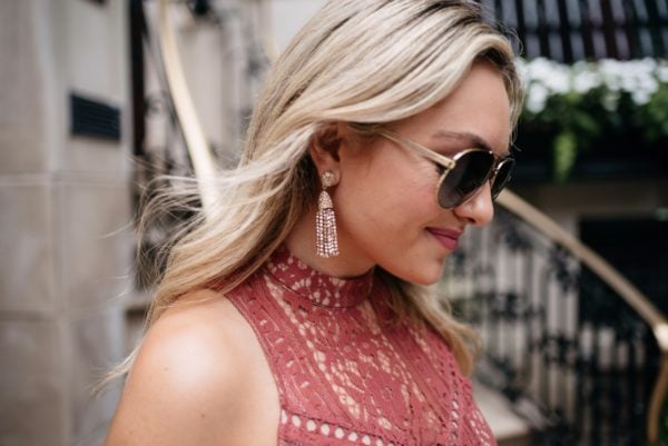 Chicago blogger Bows & Sequins wearing Gucci aviators and Baublebar rose gold earrings.