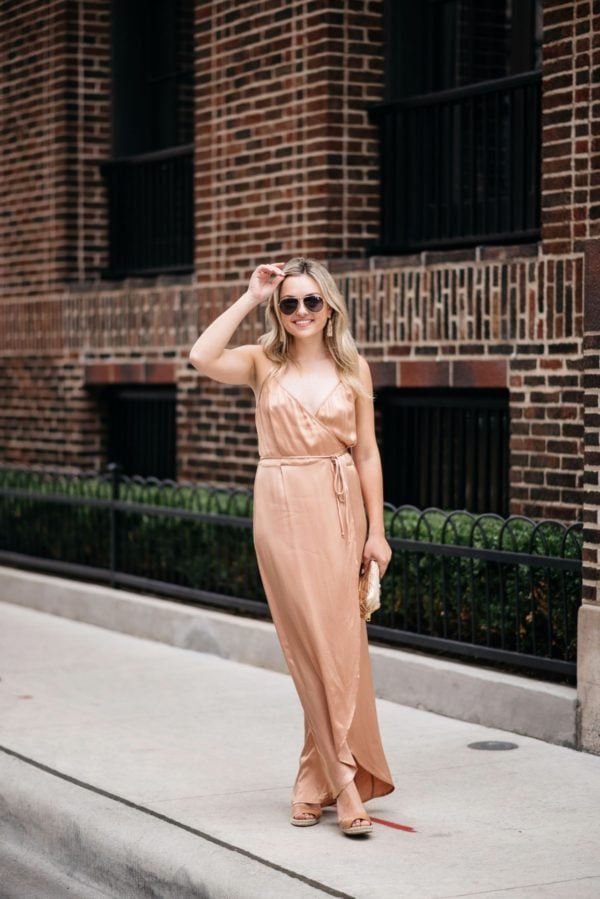 Bows & Sequins wearing a Wayf metallic dress and Gucci aviators with Baublebar rose gold earrings, Vince Camuto wedges, and a Marc Jacobs gold pouch.