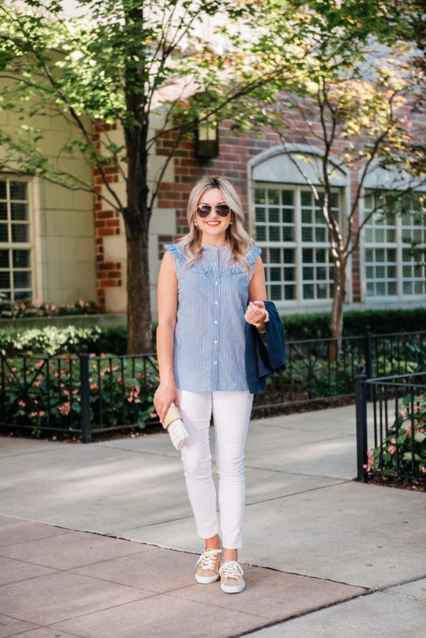 Chicago blogger Bows & Sequins styles an Old Navy chambray sleeveless top with white denim, Gucci aviators, Julie Vos pearl earrings, a Julie Vos gold cuff, a Vineyard Vines rattan wicker clutch, and Old Navy leopard sneakers.