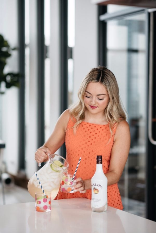 Bows & Sequins making coconut rum cocktails (with recipe).