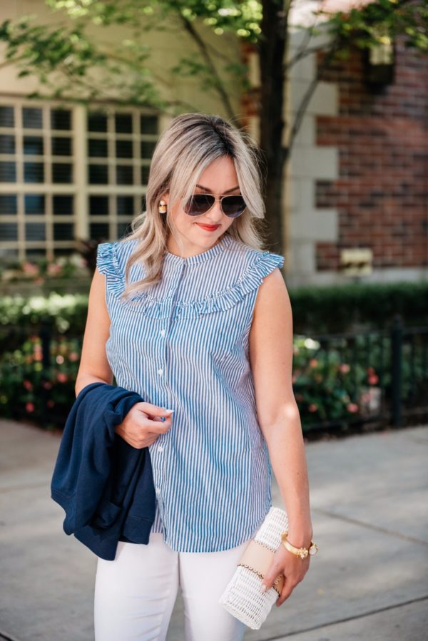 Fashion-focused lifestyle blogger Bows & Sequins wearing Gucci aviators and an Old Navy striped chambray sleeveless top.