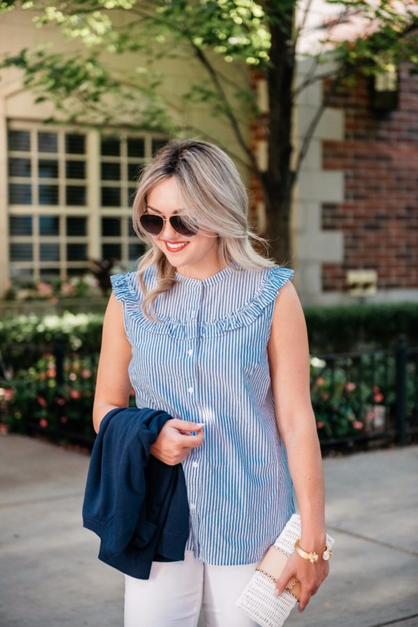 Bows & Sequins wearing Gucci aviators, Julie Vos pearl earrings, a Julie Vos pearl cuff, and an Old Navy chambray ruffle top.
