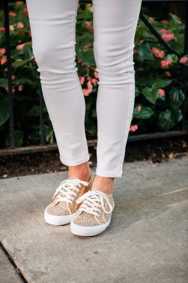 Bows & Sequins wearing Old Navy leopard print sneakers.
