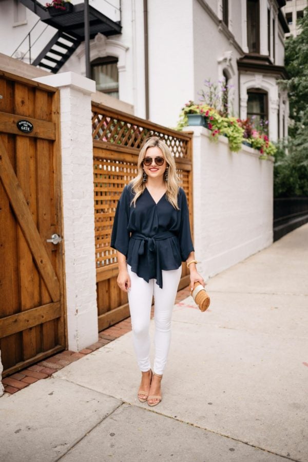 Chicago blogger Bows & Sequins wearing Celine aviators from Smart Buy Glasses, a navy Trouve blouse, Old Navy white denim, Kenneth Cole ankle strap heels, and a Julie Vos gold cuff with a Vineyard Vines wicker clutch.