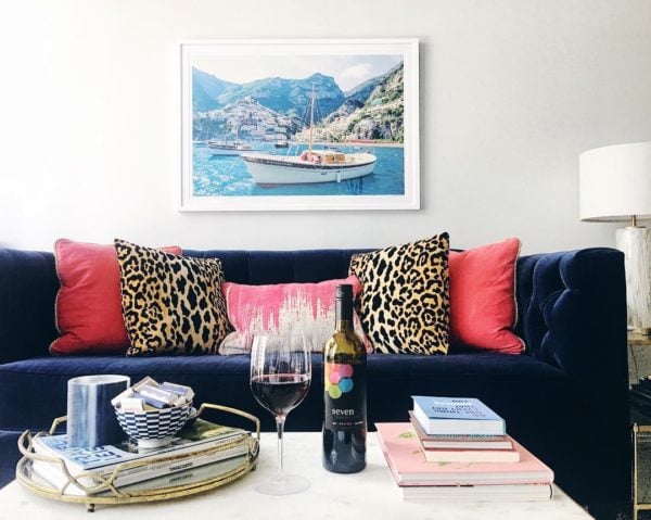 Seven Daughters Wine, Gray Malin Positano Italy, Navy Blue Velvet Couch, Leopard Throw Pillows, Colorful Living Room
