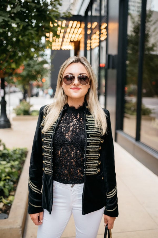 Bows & Sequins wearing Gucci aviators, a Zara lace top, and a Blank NYC velvet blazer with Old Navy white denim.