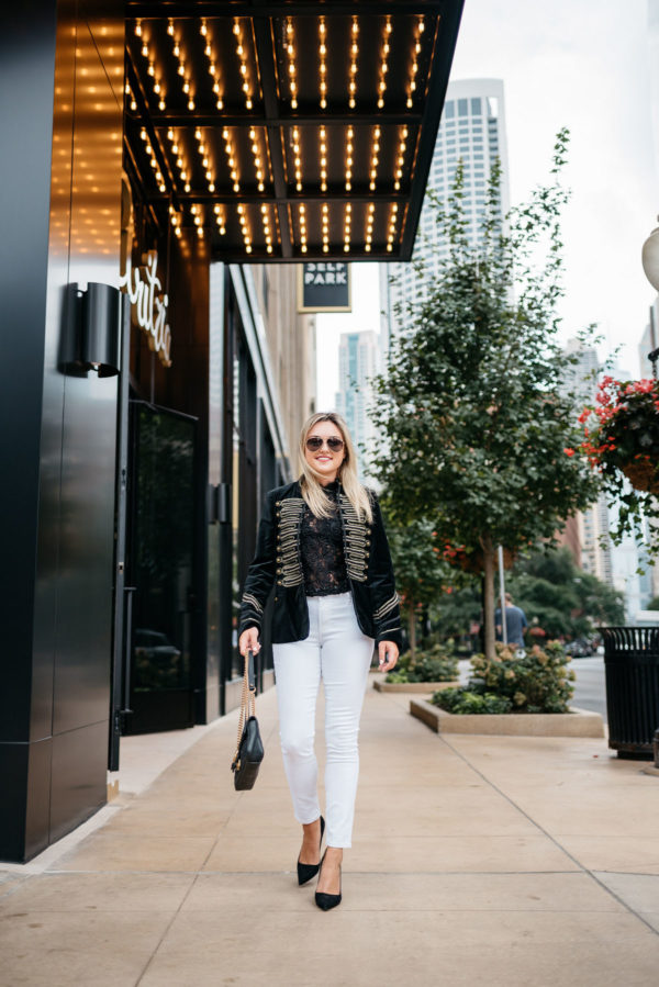 Bows & Sequins styling a Blank NYC velvet blazer with Old Navy white jeans, Gucci aviator sunglasses, a Gucci Marmont bag, and Kate Spade suede pumps.