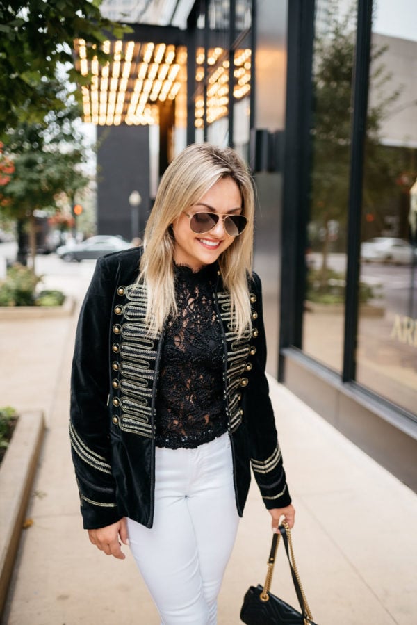 Bows & Sequins wearing Gucci aviators, a Blank NYC velvet blazer with gold details, and a Zara lace top with a David Yurman bracelet from Switch.