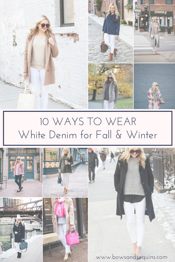 Bows & Sequins shares ten outfit ideas with white denim for fall and winter.