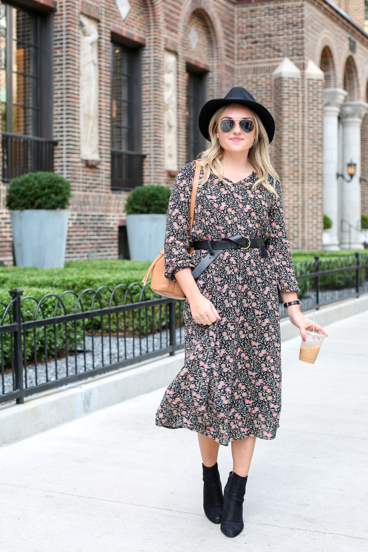 floral midi dress black old navy hat and booties  bows & sequins