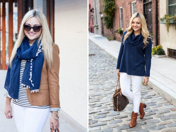 Bows & Sequins sharing two ways to wear navy and cognac outfits with white jeans for fall and winter.