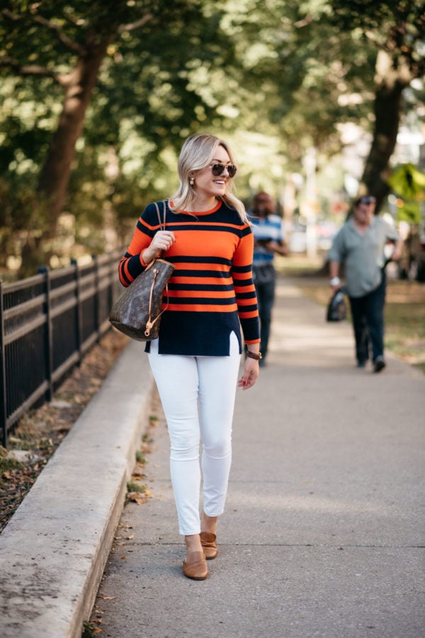 Chicago lifestyle blogger Bows & Sequins wearing Gucci aviators, a Sail to Sable striped sweater, a Gucci cuff, and Old Navy white jeans with a Louis Vuitton Neverfull tote and a Dune London leather loafers.