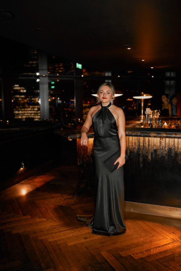 Fashion blogger Jessica Sturdy in Kate Halfpenny The Black Edit at City Social in London