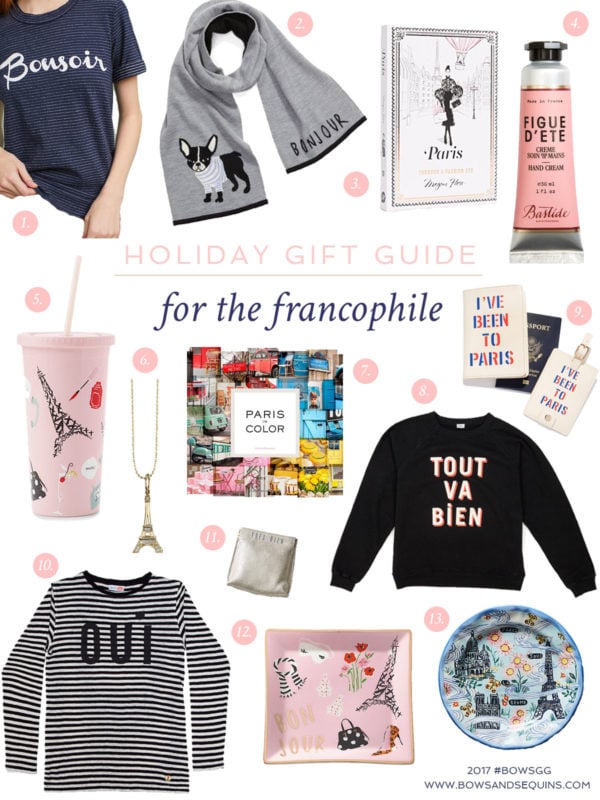 Blogger Bows & Sequins shares her 5th gift guide for the holiday season... The very best gifts to give the Francophile in your life. If she dreams of going to Paris thinks she's part French, she'll love these Parisian-themed gifts.