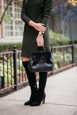 Chicago fashion blogger Jessica Rose Sturdy wearing a Kate Spade black leather watch and black over the knee suede boots with a Polene Paris top-handle bag.