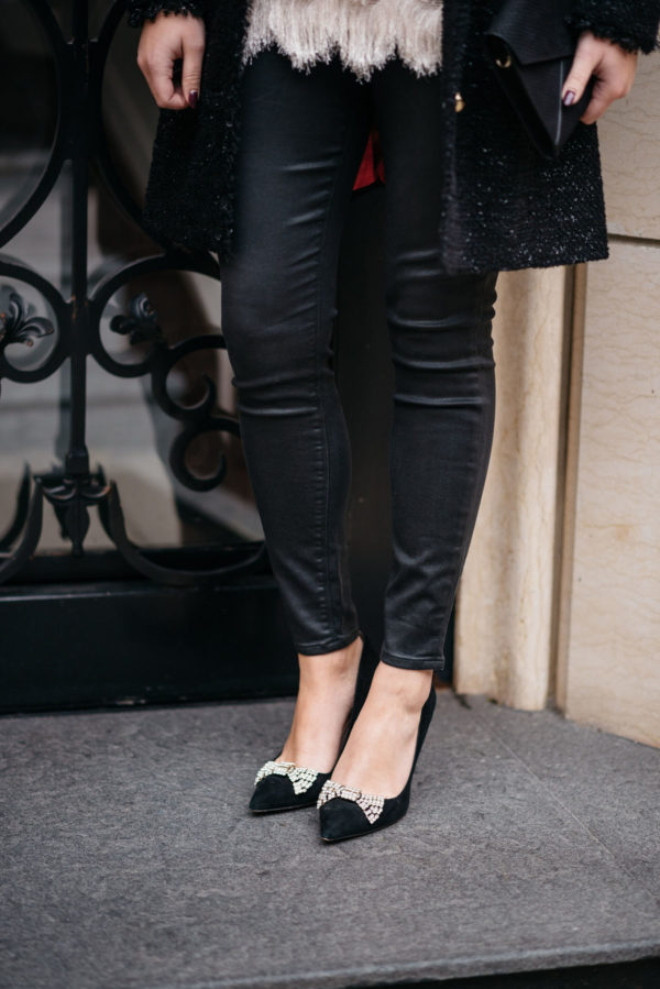 Jessica Sturdy wearing Express waxed jeans and Kate Spade suede bow pumps.