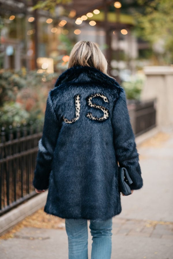 Jessica Sturdy wearing a custom leopard print monogram faux fur coat.