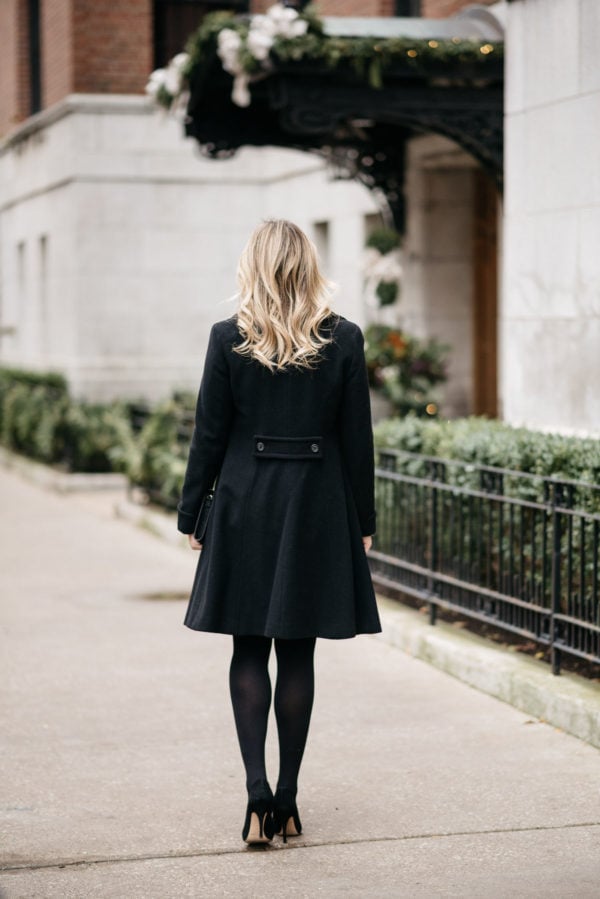 Chicago fashion blogger Jessica Sturdy wearing Loren Hope earrings, a Ralph Lauren black wool coat, J.Crew tights, and Kate Spade black pumps.