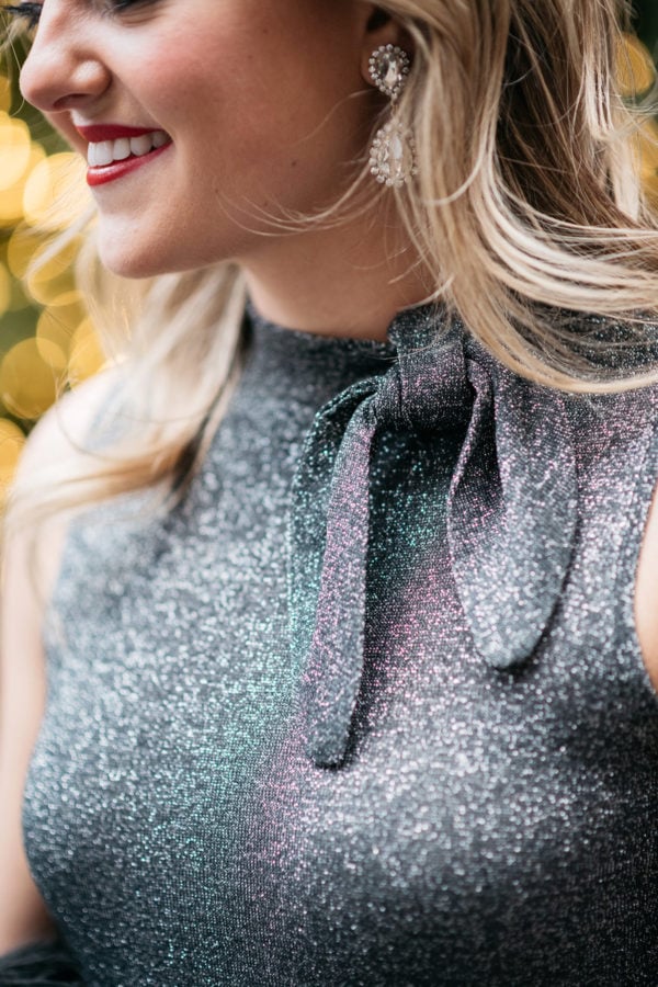 Jessica Sturdy wearing a silver Kate Spade bow dress.