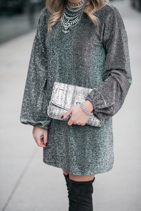 Jessica Sturdy styling a silver dress with a statement necklace.