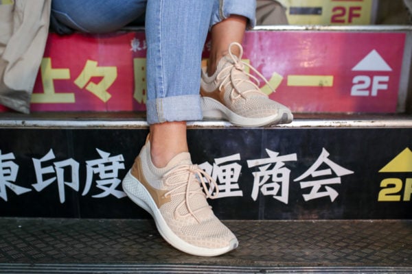 Jessica Sturdy wearing light pink Timberland Fly Roam Go Knit Chukka Shoes in Apple Blossom.