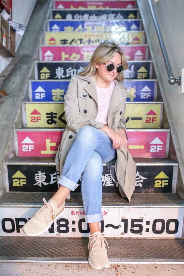 Jessica Sturdy wearing cute blush pink Timberland sneakers in Japan.