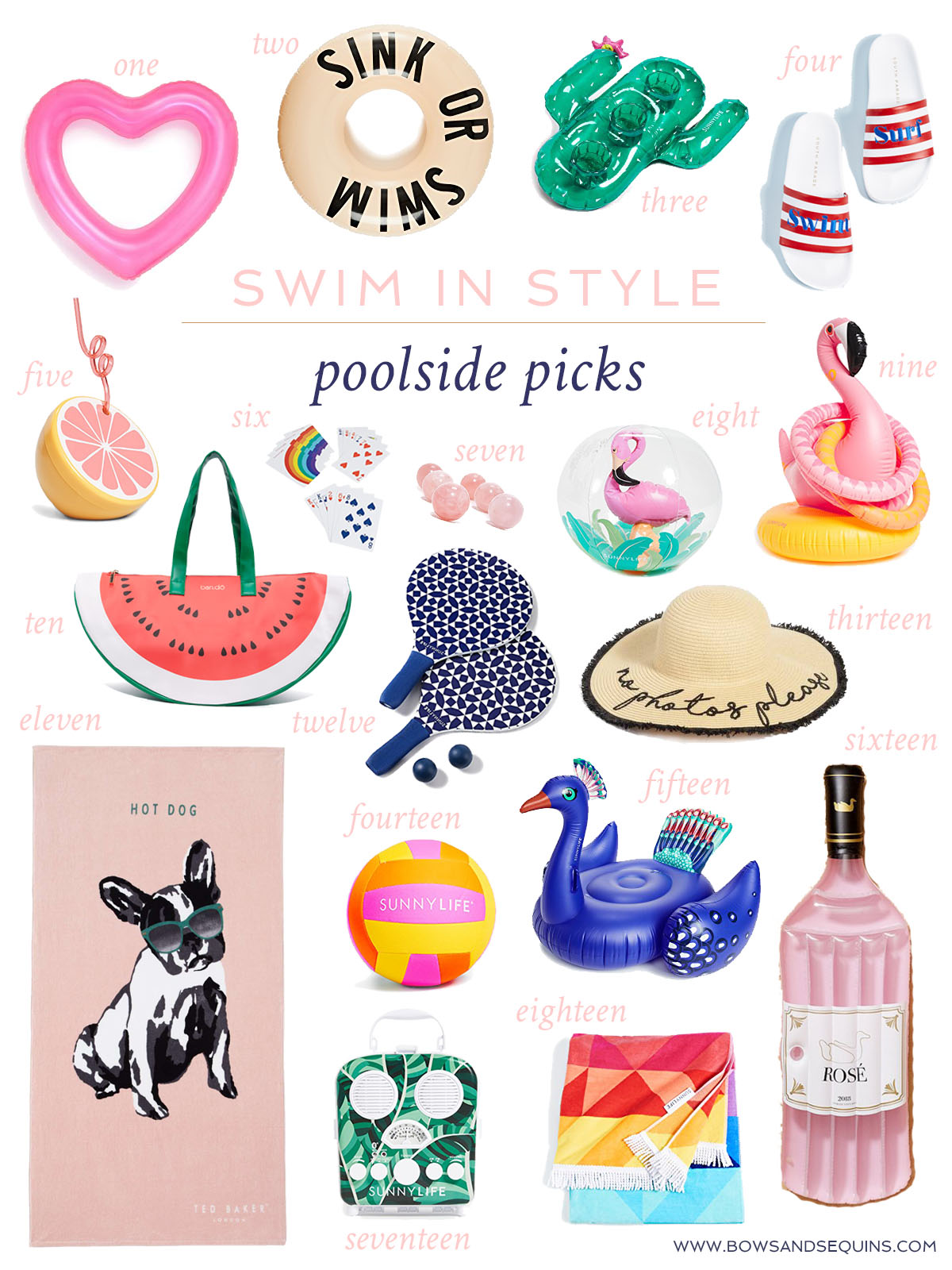 Jessica Sturdy shares her favorite poolside accessories for summer: cute beach towels, fun pool floats for Instagram, and cheeky drinkware and accessories.