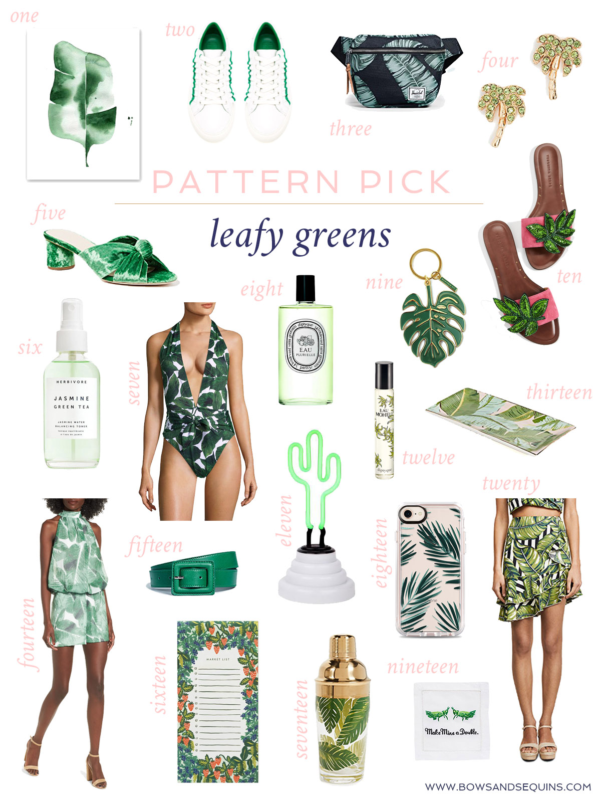 Cute palm print and banana leaf pieces for spring and summer in clothing, accessories, shoes, jewelry, and home decor.