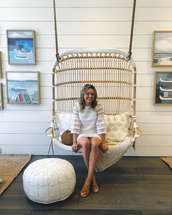Jessica Sturdy in the swinging hanging chair at Serena & Lily Design Shop new store in Chicago on Armitage in Lincoln Park