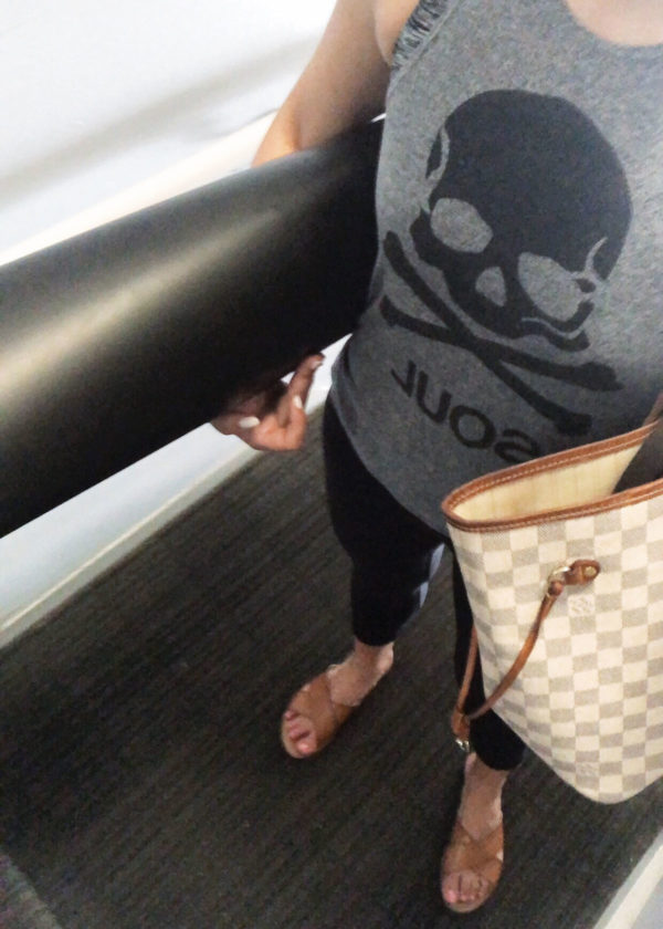 SoulCycle tank top, Lululemon leggings, Lululemon yoga mat, Louis Vuitton Damier Azul Neverfull