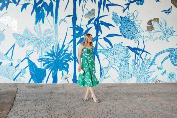 Chicago fashion blogger Bows & Sequins styling a green floral dress.