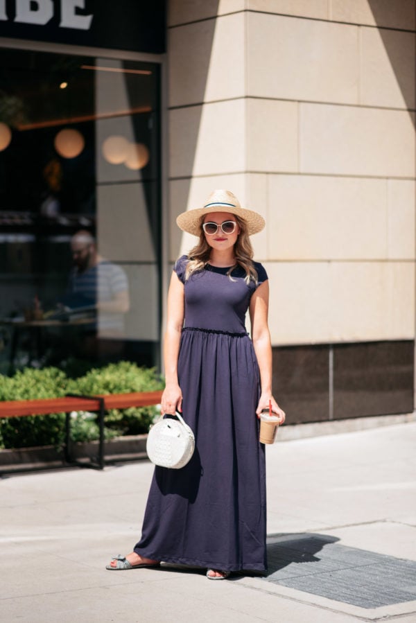 Chicago fashion blogger Jessica Sturdy wearing a navy blue maxi dress and straw hat.