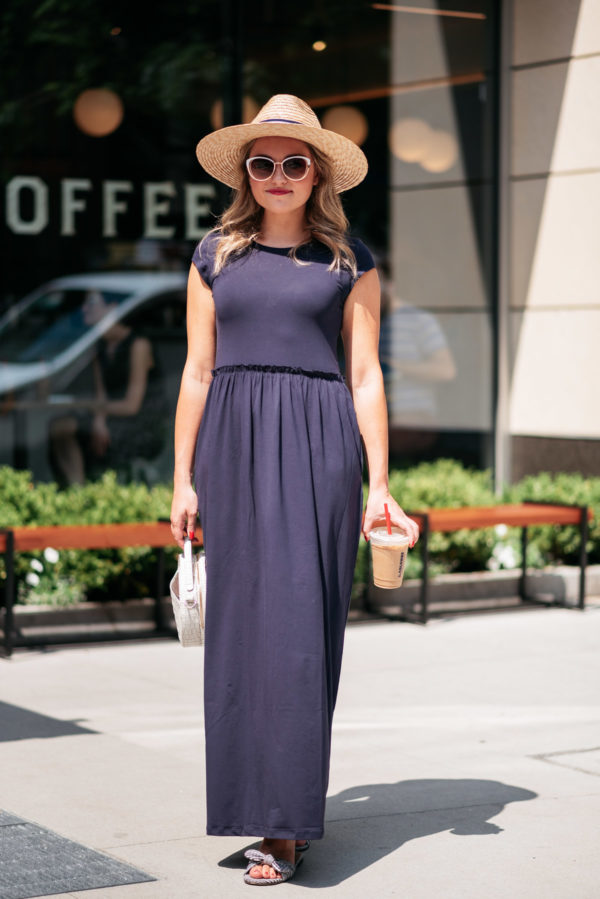 Chicago blogger Bows & Sequins wearing a navy blue maxi dress at La Colombe in the Gold Coast.