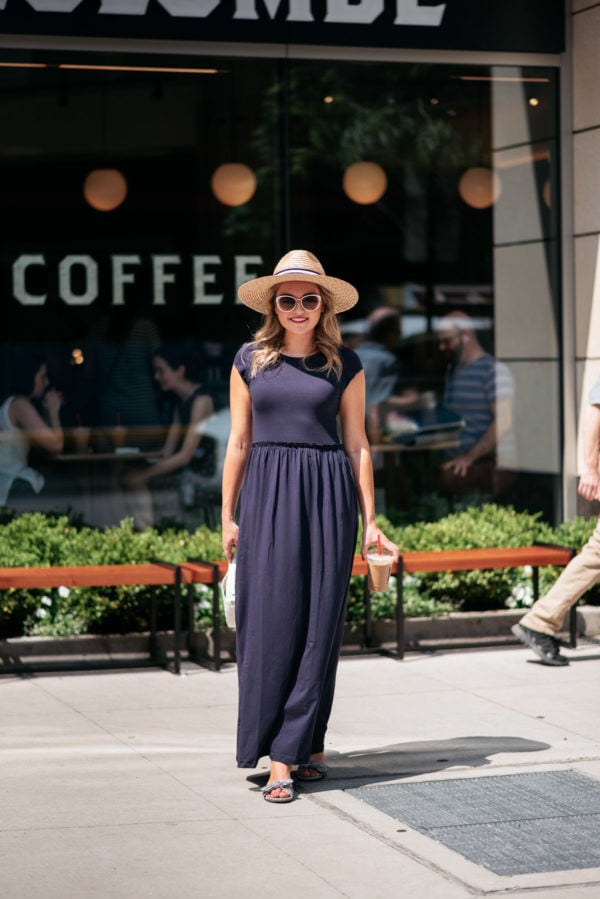 Chicago travel blogger Jessica Sturdy wearing an Elegantees blue maxi getting coffee at La Colombe on State & Elm.