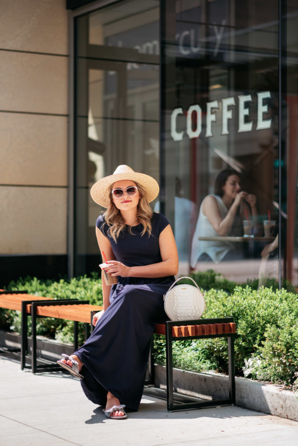 Chicago personal stylist Jessica Sturdy wearing a straw hat, Brahmin circle handbag, J.Crew gingham bow slides, and an Elegantees blue maxi dress at La Colombe in the Gold Coast.