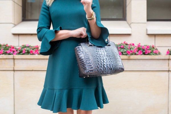 Chicago style blogger wearing a Nordstrom dress and Brahmin handbag