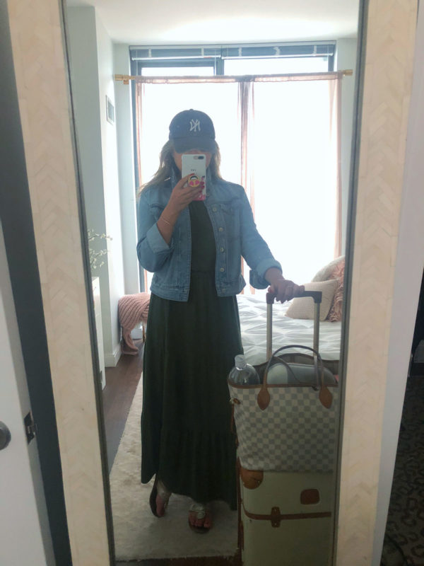 Travel outfit denim jacket maxi dress yankees hat
