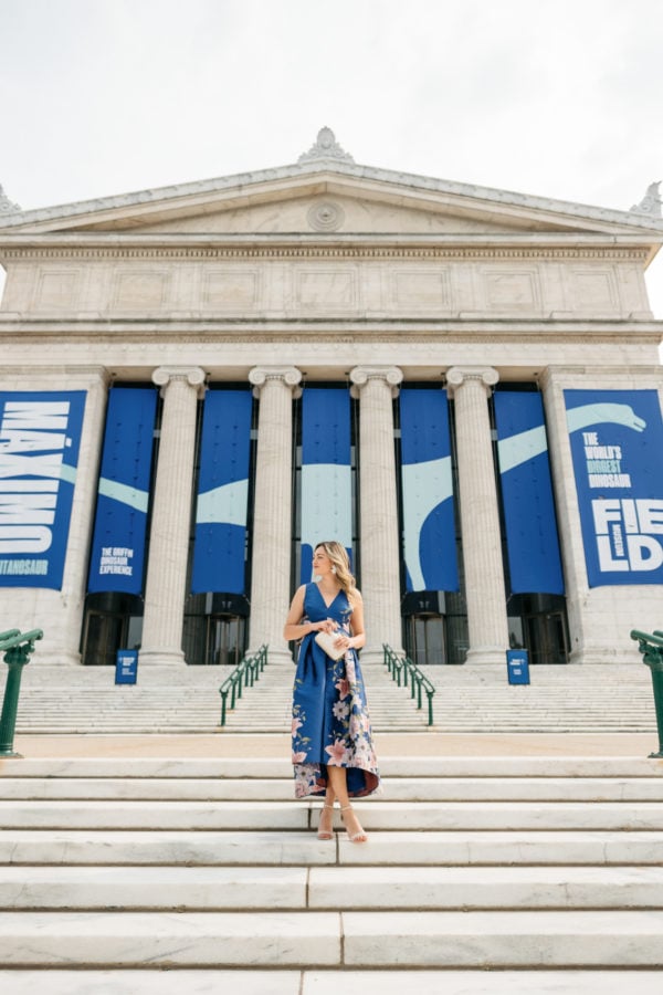 Chicago-based travel blogger Jessica Sturdy on the Field Museum steps before a wedding.